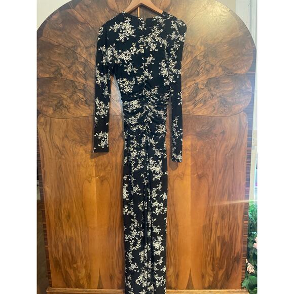 NORMA KAMALI Floral Print Shirred Jumpsuit STRETCHY SLINKY Wide Leg Black Sz XS - Picture 5 of 8